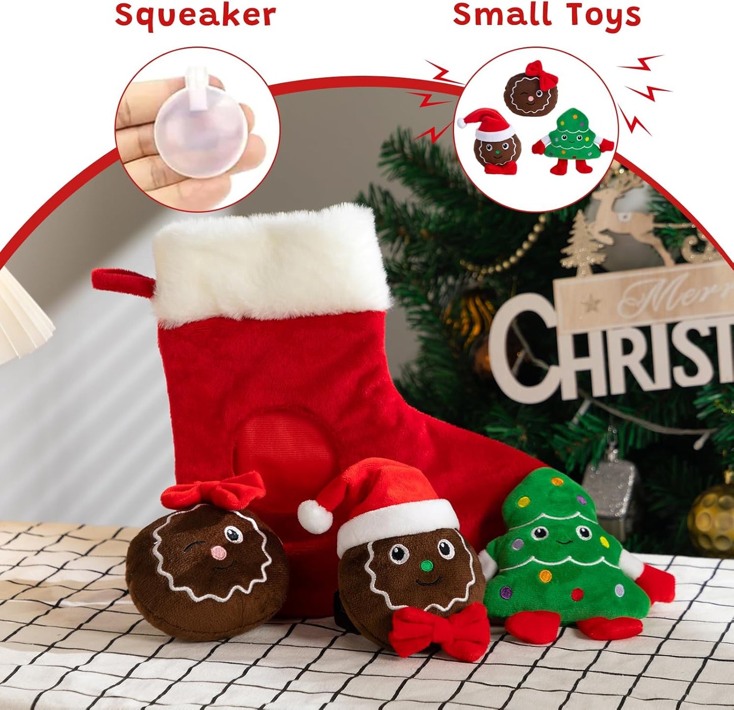 Hollypet Squeaky Dog Toy, Interactive Plush Hide and Seek Dog Toys for Small Medium Sized Dogs and Non-Aggressive Chewers, Puppy Teeth Clean Chew Toys, Christmas Stocking