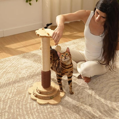 Cat Sisal Scratching Post, 4 in 1 Wooden Cat Scratcher Toy with Groomer, 24" Tall Scratch Post with 2-Layer Interactive Track Balls, Cat Climbing Tree with 2 Hanging Balls for Kittens