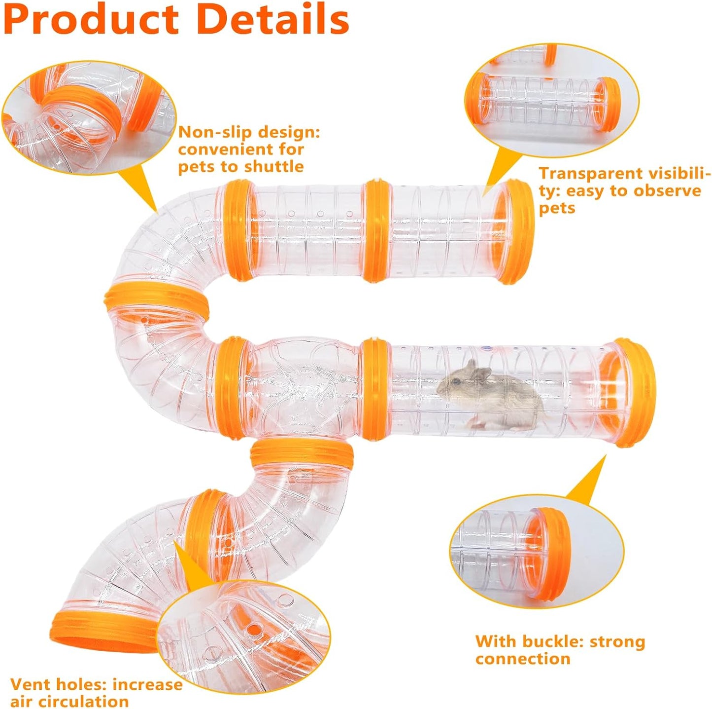 8PCS Hamster Tunnel Tube DIY Assorted Toy Transparent Adventure Pipe Playground Excercise Set for Mouse Syrian Hamster Gerbil (Orange)
