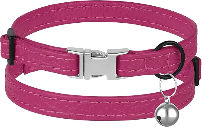 Leather Cat Collar with Buckle and Removable Bell - Non Breakaway Adjustable Soft Safety Small Pet Collars for Girl Boy Cats Kitten (Pink)