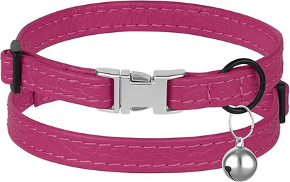 Leather Cat Collar with Buckle and Removable Bell - Non Breakaway Adjustable Soft Safety Small Pet Collars for Girl Boy Cats Kitten (Pink)