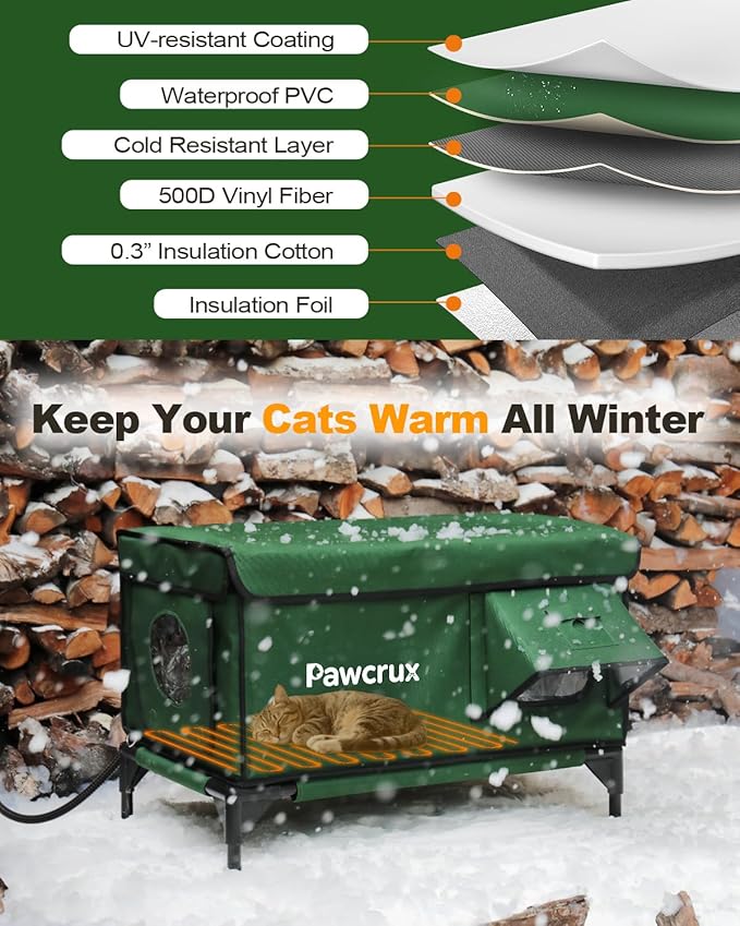 Weatherproof Heated Cat House for Outdoor in Winter, Heated Cat Bed Kitty Shelter with Cat Heating Pad, Insulated & Safe Escape Door, Warm House for Outside Stray Cat (Green, 17"x25"x17")