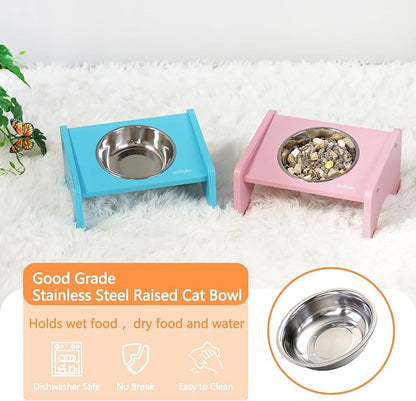 Elevated Cat Bowls,2 Stainless Steel Pet Food Water Feeder,15°Tilted Raised Pet Dish, Slanted Dog Bowl with Wood Stand for Kitty and Puppy,Wide 5.51" (Pink)