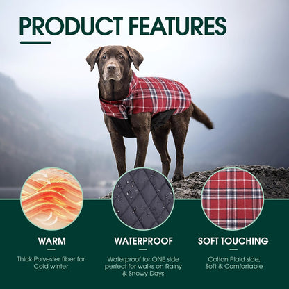 Kuoser Warm Dog Coat, Waterproof Dog Jacket for Extra Large Dogs, Adjustable Durable XL Doggie Winter Coat Reversible Cozy Puppy Cold Weather Apparel from Small to Large Breed, Red XL