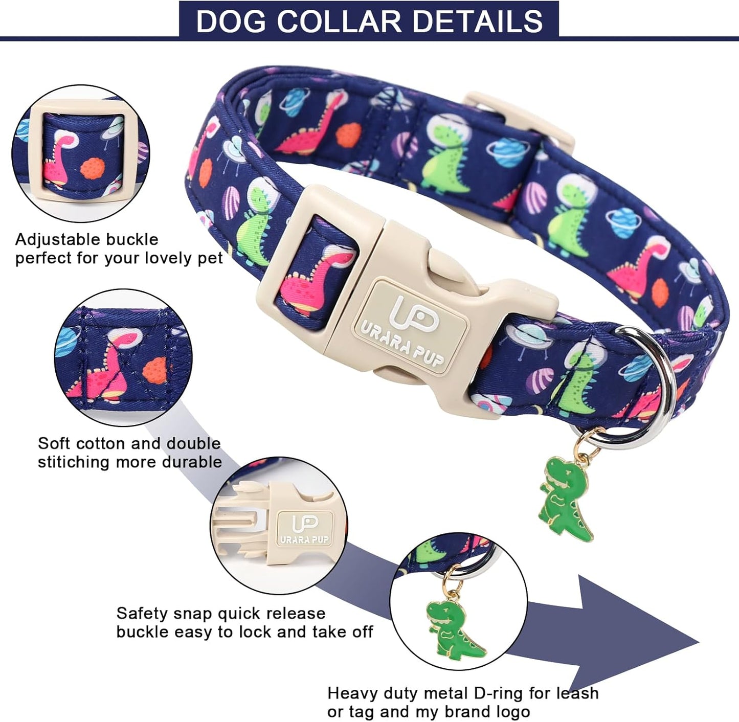 Summer Dog Collar-Dinosaur Dog Collars with Planet-Cute Blue Summer Pet Dollar-Soft, Adjustable & Stylish for Small/Medium Dogs