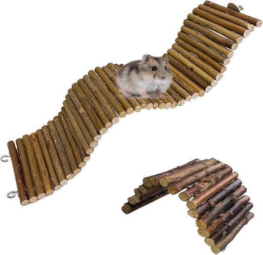 2PCS Rat Bendy Long Suspension Bridges, Hamster Bridge Wooden Ladder Bendable Flexible Tunnel Natural Climbing Ladder Chews Toys for Rodents Mouse Dwarf Hamster（15.7×3.9''+7.9×3.9'' Brown）