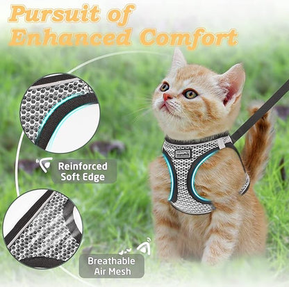 Cat Harness and Leash for Walking Escape Proof, Adjustable Kitten Vest Harness Reflective Soft Mesh Puppy Harness for Outdoor, Comfort Fit, Easy to Control (Gray, XS)