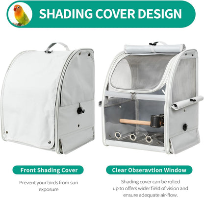 Bird Carrier Bag, Bird Travel Cage with Standing Perch and Indestructible Stainless Steel Mesh, Protable Transparent Breathable Carrier with Feeder Cups for Small Birds Parrot Parakeet, Grey