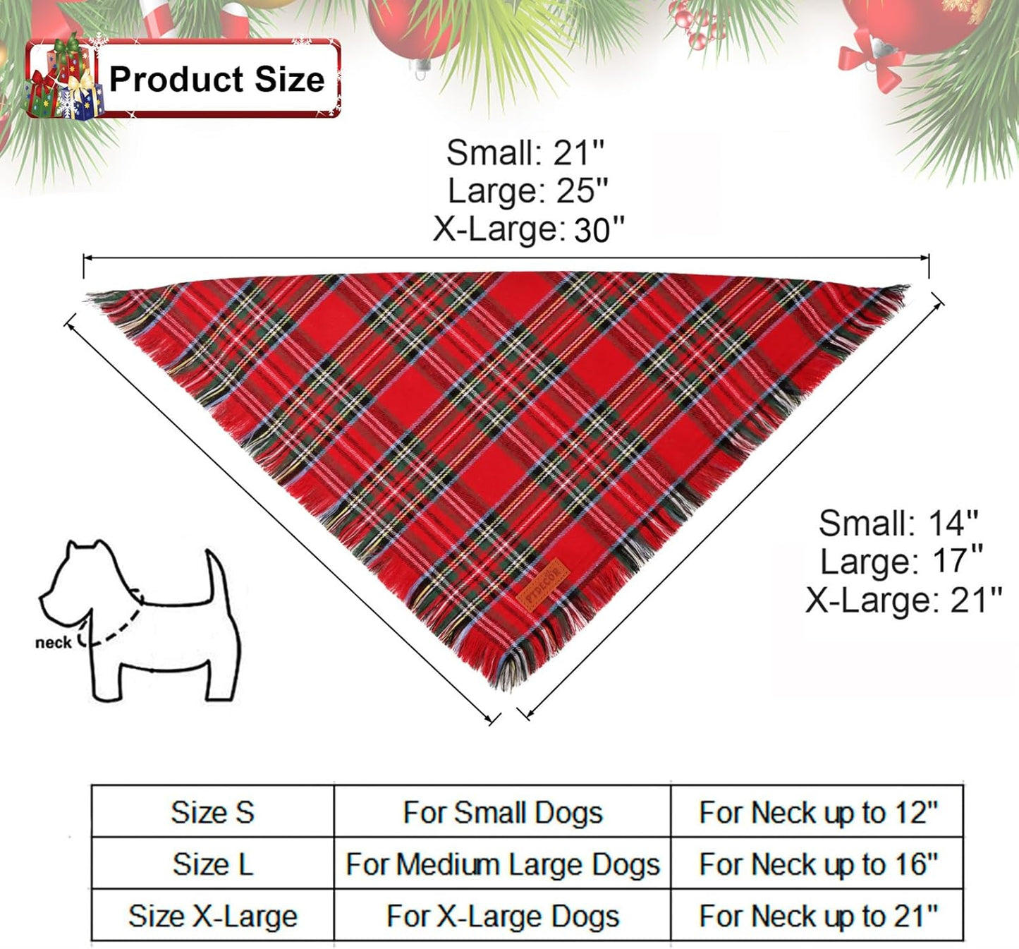 PTDECOR Christmas Dog Bandanas with Tassels Edges, Stylish Red White Plaid Scarf Bib, Premium Cotton Fabric, Reversible Triangle Xmas Bandanas for Extra Large Dogs (X-Large)