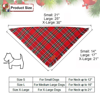 PTDECOR Christmas Dog Bandanas with Tassels Edges, Stylish Red White Plaid Scarf Bib, Premium Cotton Fabric, Reversible Triangle Xmas Bandanas for Extra Large Dogs (X-Large)