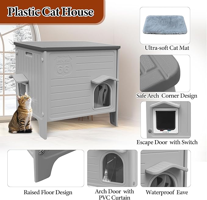 Cat House Outdoor with Cat Mat Weatherpoof Plastic Cats Houses with Escape Door Indoor Waterproof Feral/Pet Cat Shelter Outside for Puppy, Rabbit(Grey)
