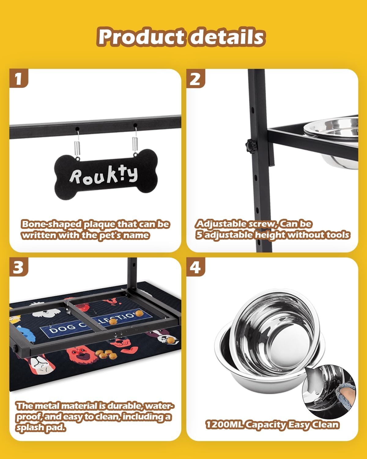 Elevated Dog Bowls with Slow Feeder & Mat, Adjusable Height Raised Dog Bowl Stand with 2 Stainless Steel 1200ML Bowl