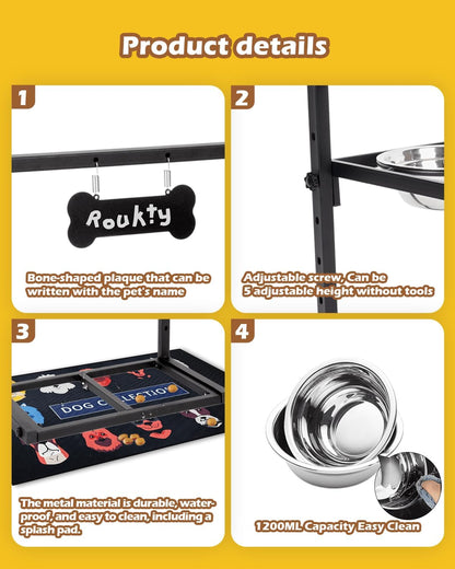 Elevated Dog Bowls with Slow Feeder & Mat, Adjusable Height Raised Dog Bowl Stand with 2 Stainless Steel 1200ML Bowl