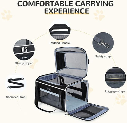 Lekereise Top-Expandable Pet Carrier - TSA Airline Approved Soft Sided Underseat Up to 12lbs Travel Carriers for Small Cats and Dogs with Locking Safety Zippers Anti-Scratch Mesh Black