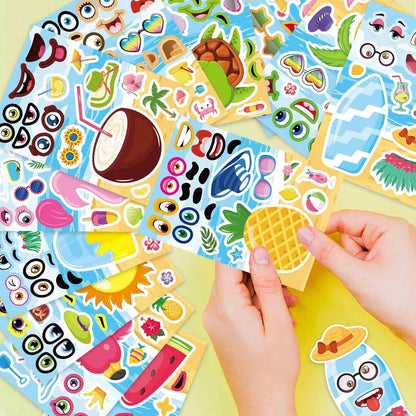48 Sheets Summer Stickers for Kids, Make a Face Sticker Hawaii Tropical Pool Beach Sticker, Make Your Own Watermelon Pineapple Flamingo Stickers for Tropical Luau Party, Summer Holiday Party Favors