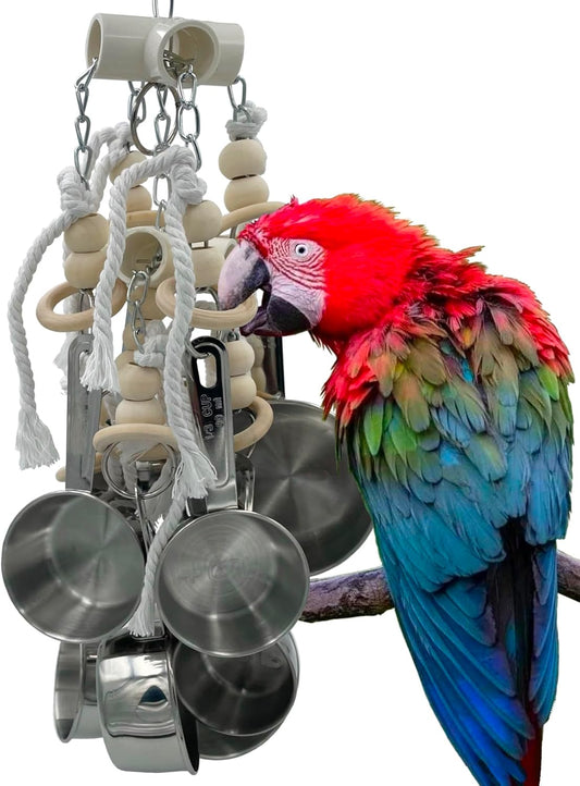 Durable Stainless Steel Pots & Wooden Beads Parrot Toys - Pullable 8 Metallic Cups & 8 Natural Dye-Free Rings for Large & Extra Large Parrots Macaws Amazons African Greys Cockatoos Eclectus