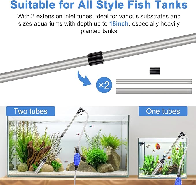 fishkeeper Quick Aquarium Siphon Pump Gravel Cleaner - 256GPH / 80GPH Adjustable Powerful Fish Tank Vacuum Gravel Cleaning Kit for Aquarium Water Changer, Sand Cleaner, Dirt Removal