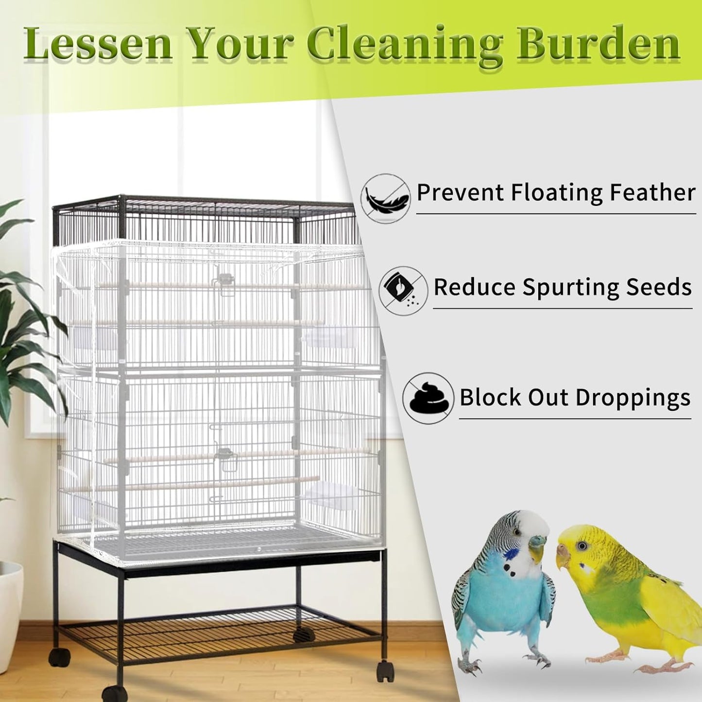 Daoeny Bird Cage Seed Catcher, Large Bird Cage Cover, Adjustable Soft Airy Nylon Mesh Net, Birdcage Cover Skirt Seed Guard for Parrot Parakeet Macaw African Round Square Cages (White)