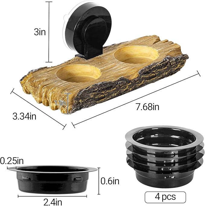 2 in 1 Reptile Feeding Ledge & Turtle Basking Platform, Resin Suction Cup Feeder with 4PCS Cups, Terrarium Water Bowl Food Dish - Tank Accessories for Crested Gecko Lizards & Aquatic Turtles