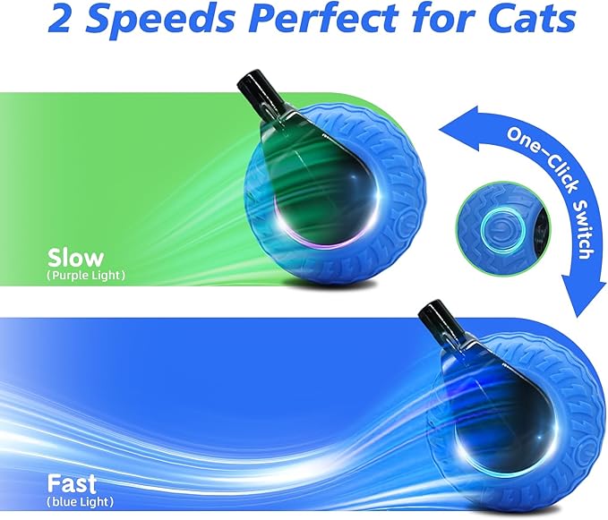 Interactive Cat Toy for Indoor Cats, Speedy Ball with Tail, Automatic Moving Cat Balls for Bored Indoor Adult Cats, 360°Automatic Rolling Ball Toy, Two Speed Adjustment（Blue）