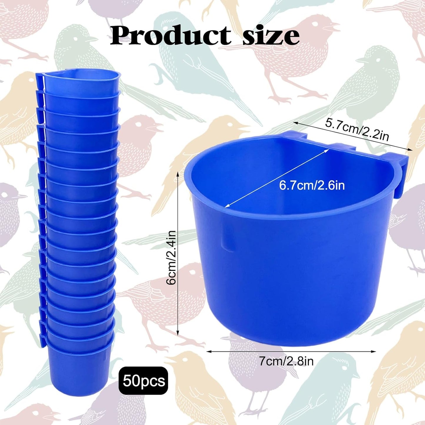 Rainmae 50 Pcs Cage Cups Birds Hanging Feeders Chicken Water Cups Bird Food Bowl 8 oz Plastic Bird Water Dispenser for Small Coop Parrot Parakeet Pet Poultry Pigeon Gamefowl Seed Bowl Supplies (Blue)