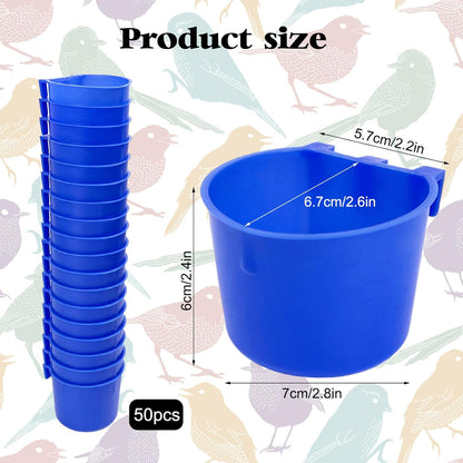 Rainmae 50 Pcs Cage Cups Birds Hanging Feeders Chicken Water Cups Bird Food Bowl 8 oz Plastic Bird Water Dispenser for Small Coop Parrot Parakeet Pet Poultry Pigeon Gamefowl Seed Bowl Supplies (Blue)