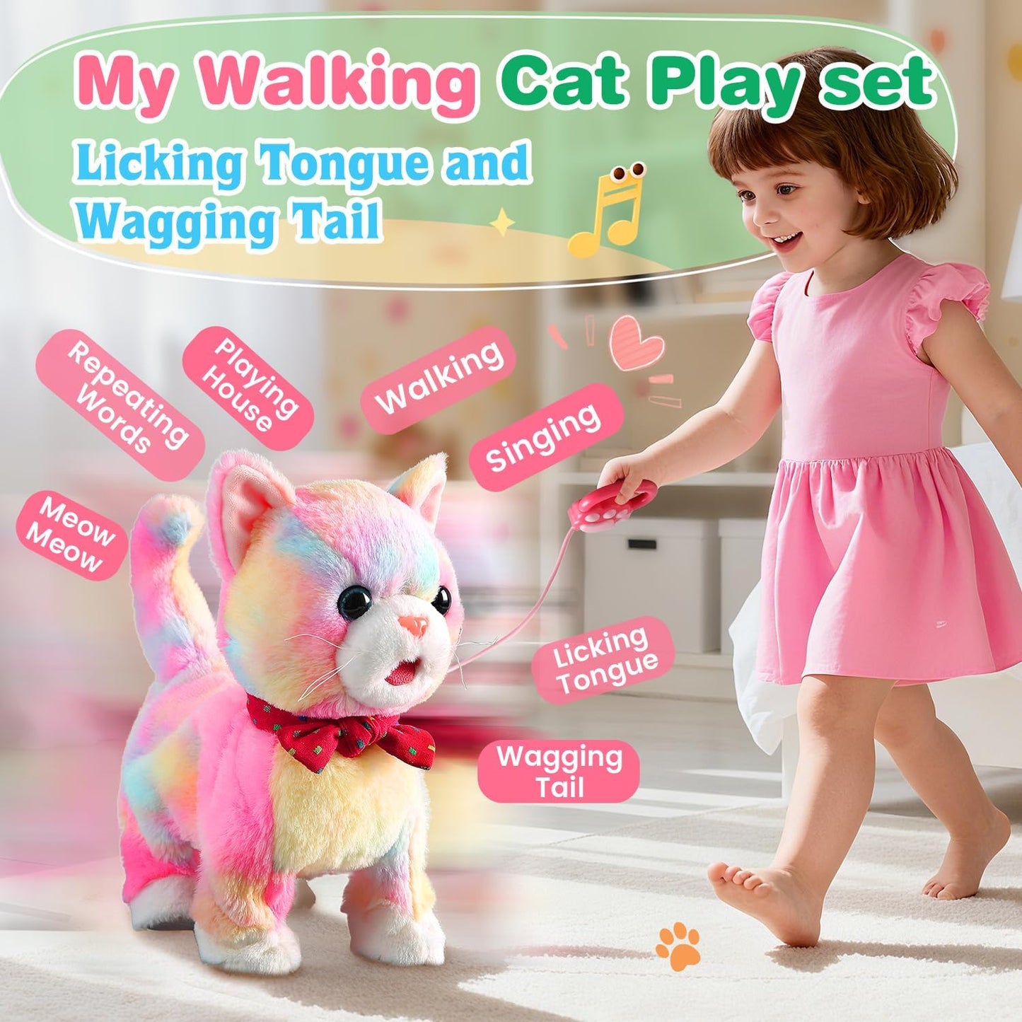 Colorful Leash Walking Cat Set Toy Interactive Talking Cat Singing Dancing Kitten Mimicking Repeat What You Say Kitty Touch and Voice Control Nodding Wagging Tail Plush Electric Robot for Kid Girl