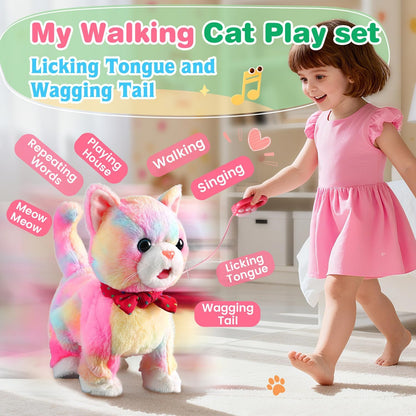 Colorful Leash Walking Cat Set Toy Interactive Talking Cat Singing Dancing Kitten Mimicking Repeat What You Say Kitty Touch and Voice Control Nodding Wagging Tail Plush Electric Robot for Kid Girl
