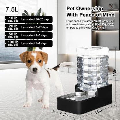 RIZZARI Stainless Steel Pet Water Feeder: 7.5L Black Automatic Leak-Proof Gravity Dispenser - Without Filter - for 20-35LB Senior Dogs with Joint Spine Issues - Bedroom Kitchen