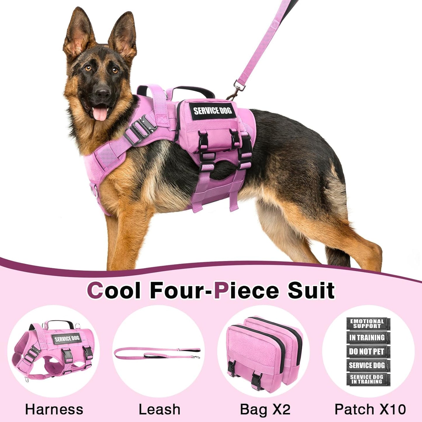 WINSEE Tactical Dog Harness with Dog Leash, Service Working MOLLE Vest with 10 Pet Patches for Dog, No Pull Military Harness and Backpack for Training Hunting Walking