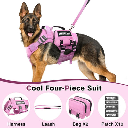 WINSEE Tactical Dog Harness with Dog Leash, Service Working MOLLE Vest with 10 Pet Patches for Dog, No Pull Military Harness and Backpack for Training Hunting Walking