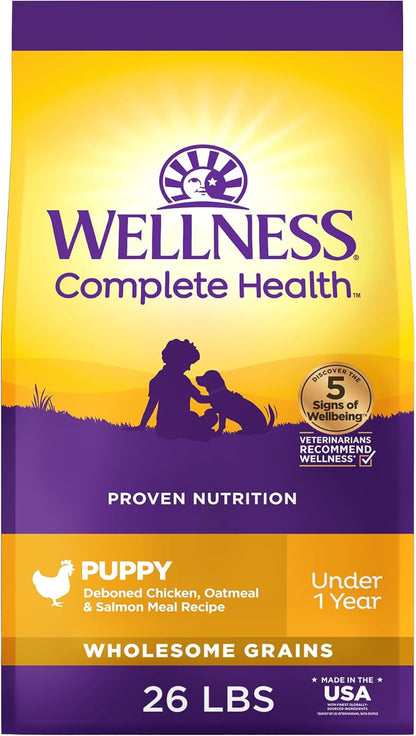 Wellness Complete Health Puppy Dry Dog Food, Wholesome Grains, Natural, Chicken, Oatmeal, & Salmon Recipe, (26-Pound Bag)