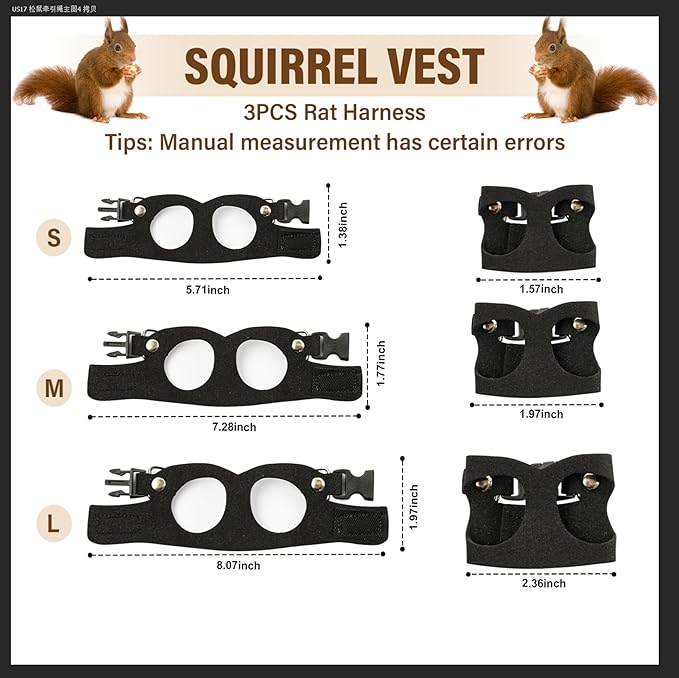 3Pcs Rat Harness and Leash, Small Animal Training Walking Vest Leash Adjustable Traction Rope Strap for Squirrel Gerbil Chinchilla Rat (Black)