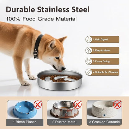 Slow Feeder Dog Bowl Stainless Steel, Heavy Duty with Non-Slip Base Dog Food Bowls for Small Medium Large Breed Size Dogs to Slow Down Eating