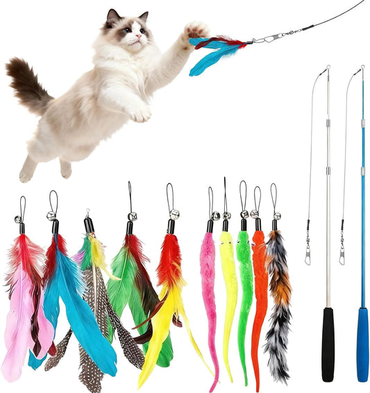 Walfront Cat Toys for Indoor Cats, 12PCS Kitten Toy Set with 2 Retractable Wands & Interactive Feather Teasers, Fun Chase and Exercise Toys to Keep Cats Active and Healthy