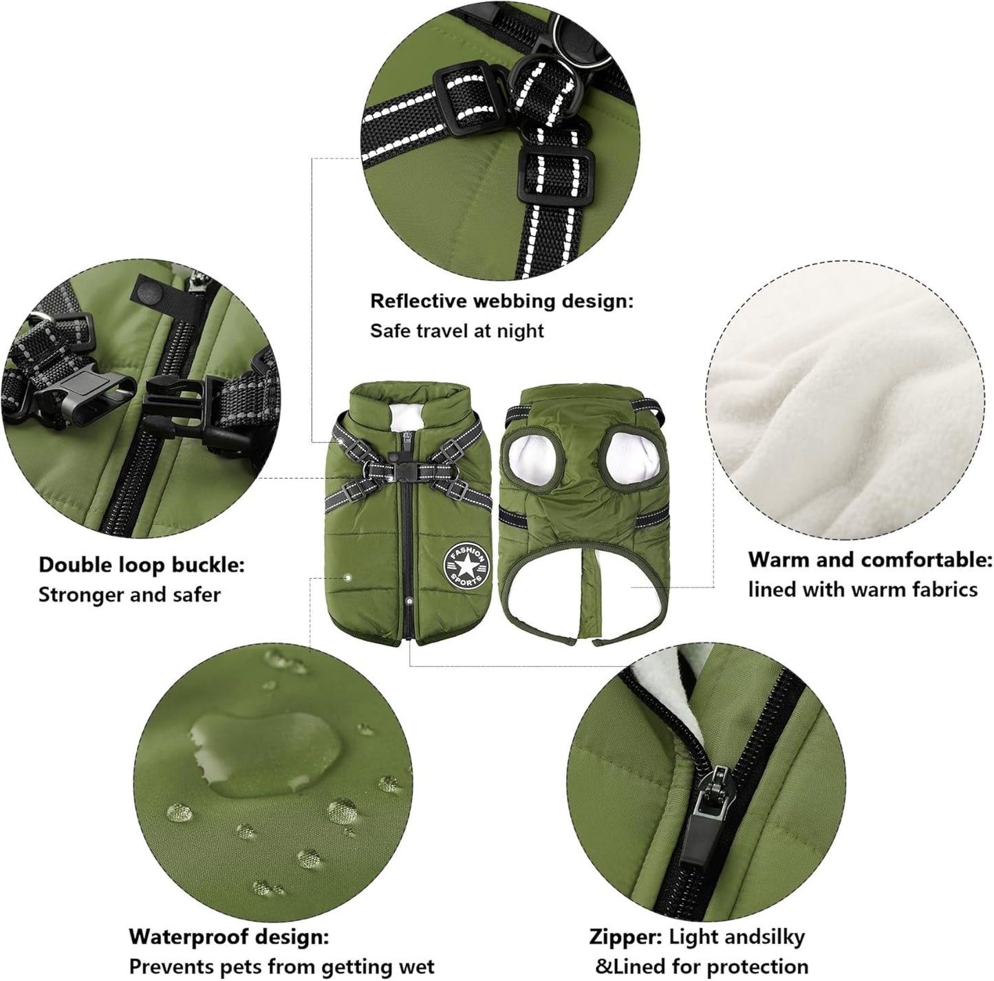 Aiboria Dog Jackets for Winter Windproof Waterproof 2 in 1 Outfit Cold Weather Coat Dog Vest Harness Puppy Winter Warm Jacket Green M