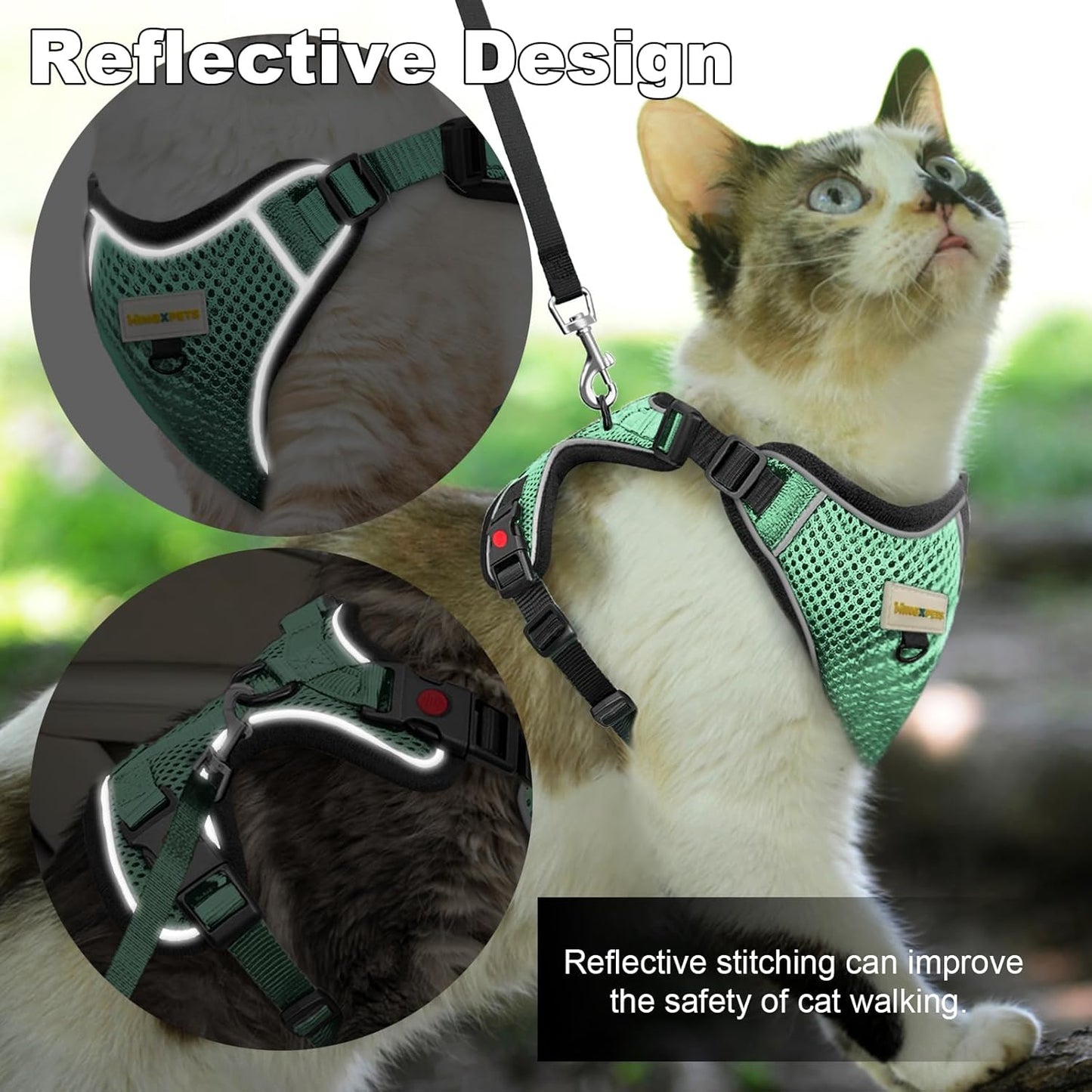 Cat Harness and Leash for Walking, Retractable Cat Harnesses and Leash Set Escape Proof, Breathable Soft Kitten Small Large Harness for Travel Training and Walking, Green, XXS