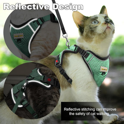 Cat Harness and Leash for Walking, Retractable Cat Harnesses and Leash Set Escape Proof, Breathable Soft Kitten Small Large Harness for Travel Training and Walking, Green, XXS