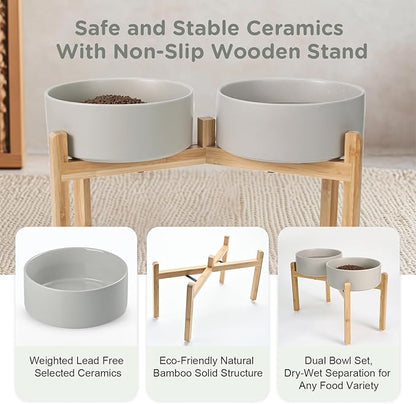 SPUNKYJUNKY Elevated Dog Bowls Ceramic, 8.3'' Dogs Food Water Bowls Raised with Non-Slip Bamboo Stand for Large Sized Breed Microwave Dishwasher Safe - 60 OZ,Grey