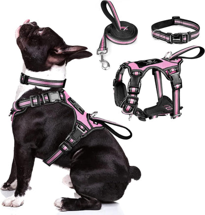 WINSEE Pet Harness Collar and Leash Set, All-in-one Reflective Dog Harness No Pull with Adjustable Buckles for Puppies, Small, Medium, Large, and Extra-Large Dogs (Medium, Pink)