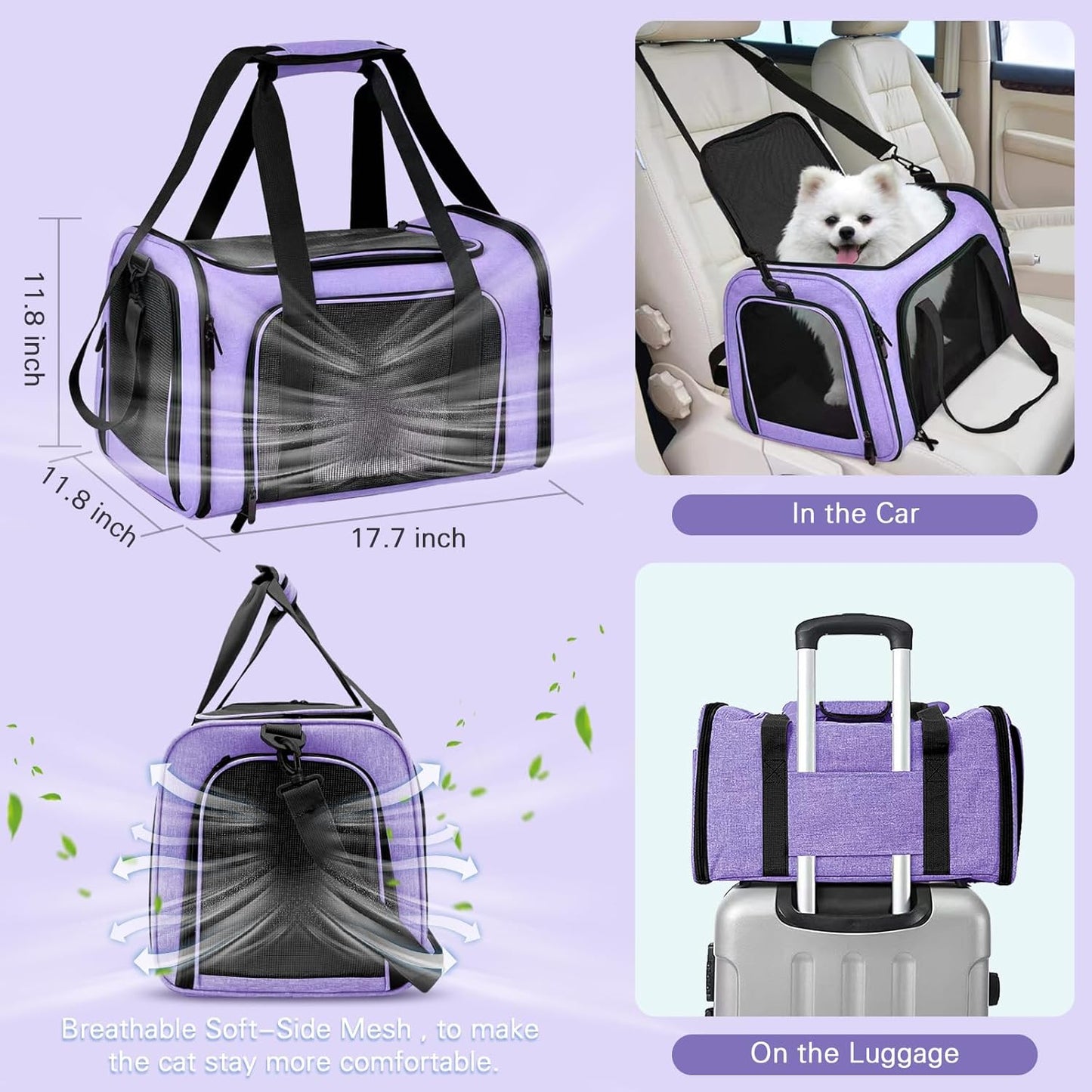 Soft-Sided Cat Carrier with Litter Box for Traveling & Camping, Pet Bag Fit Pets Up to 20lbs,17.7' * 11.8 * 11.8 inches Cat Travel Carrier Purple