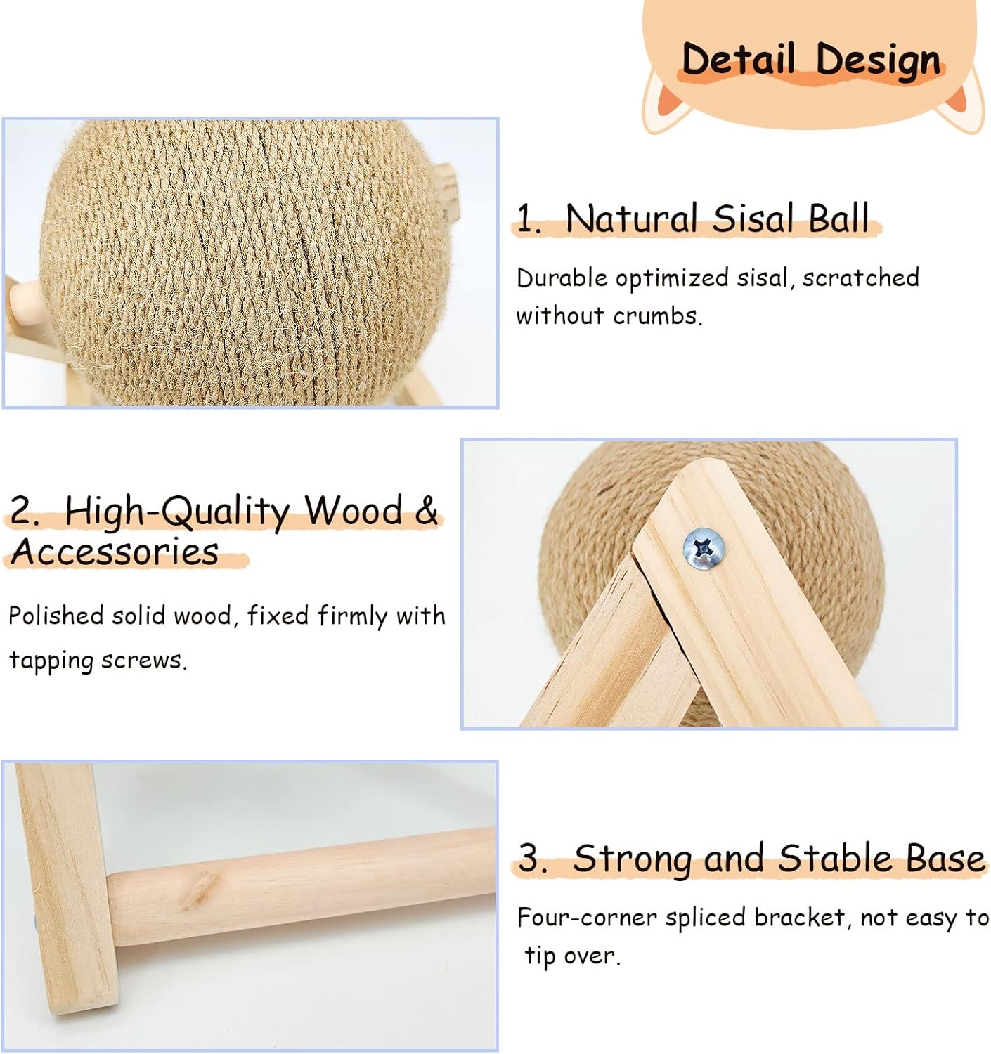 BNOSDM Rabbit Scratch Toy Wooden Natural Sisal Rope Rabbit Scratching Toy Ball Bunny Scratcher with Ball for Rabbits Bunnies Ferrets Kittens Small Animals (Medium)