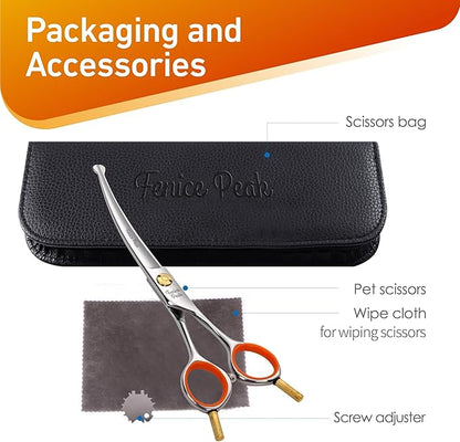 Fenice Peak 6'' Small Curved Scissors Lightweight Dog and Cat Grooming Scissors with Safety Round Tip JP440C Stainless Steel Sharp Blades for Body Facial Nose Ear and Paw Hair Easy Use