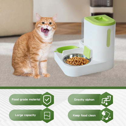Automatic Cat Food and Water Dispenser Set 2 in 1,All-in-One Gravity Pet Feeder with Stainless Steel Cat Food Bowl Travel Auto Supply Feeder and Water Dispenser for Small Medium Cats Dogs (Green)