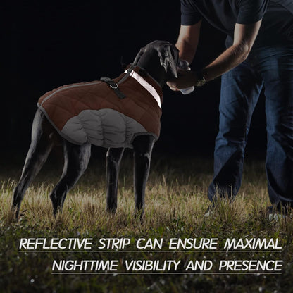 FUAMEY Dog Coat for Large Dogs,Waterproof Dog Winter Jacket with Harness Built in Puppy Cold Weather Coats Reflective Pet Vest with Zipper Warm Fleece Dogs Snowsuit Windproof Brown XL