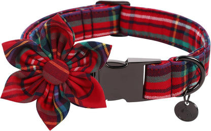 DOGWONG Christmas Dog Collar with Flower, Red Plaid Dog Collar Soft Durable Adjustable Cotton Red Tartan Puppy Collar for Small Medium Large Dog