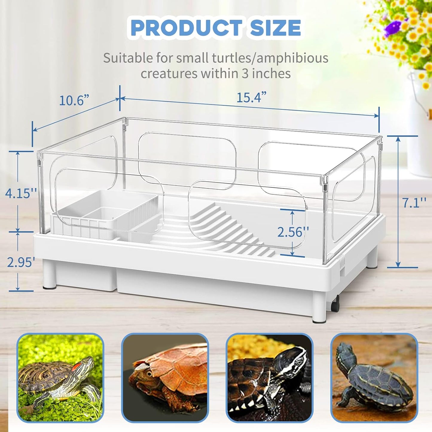 Small Turtle Tank Kit(Tank+Light+Filter), Acrylic Turtle Tank Starter Kit with Bask Platform, Bottom Drain, Multi-Function Area for Small Reptiles.(White)