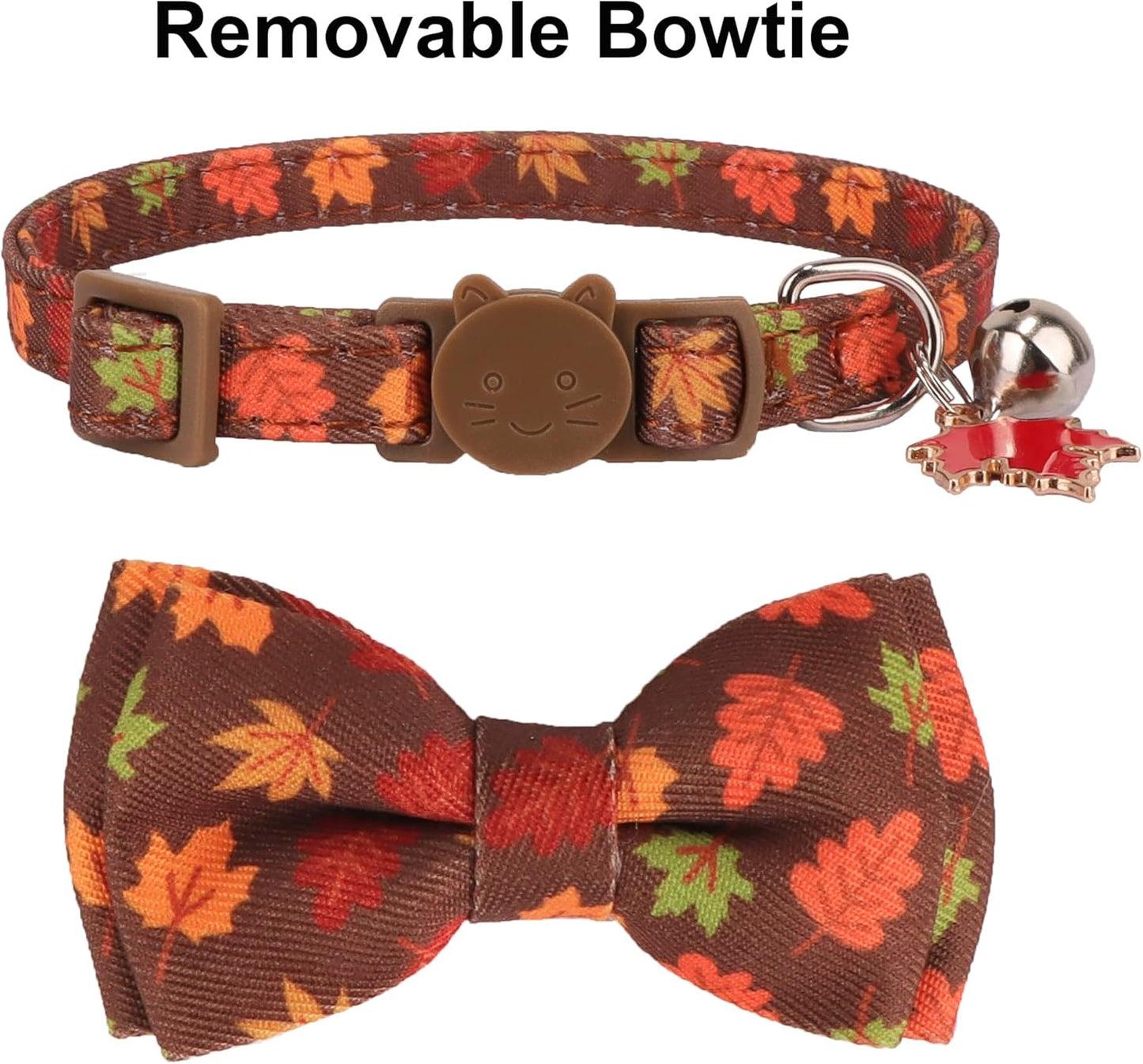 ADOGGYGO 2 Pack Fall Cat Collar with Removable Bow Bell, Brown Green, Halloween Thanksgiving Fall Collars for Cat Kitten