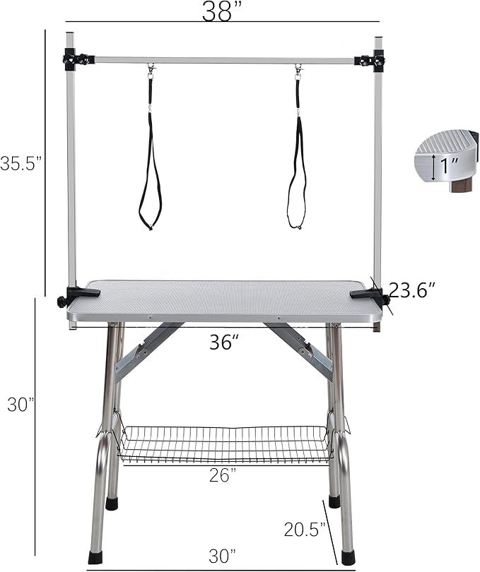 36" Dog Grooming Table Foldable Pet Grooming Tables with Adjustable Arm Noose Storage Mesh Tray Maximum Capacity Up to 330lbs Silver Gray