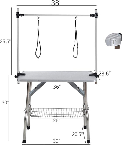 36" Dog Grooming Table Foldable Pet Grooming Tables with Adjustable Arm Noose Storage Mesh Tray Maximum Capacity Up to 330lbs Silver Gray